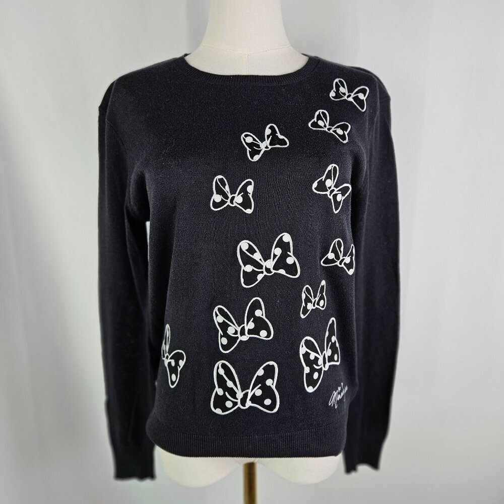 Disney Parks‎ Minnie Mouse Hair Bow Black Sweater Embroidery Small Crew Neck